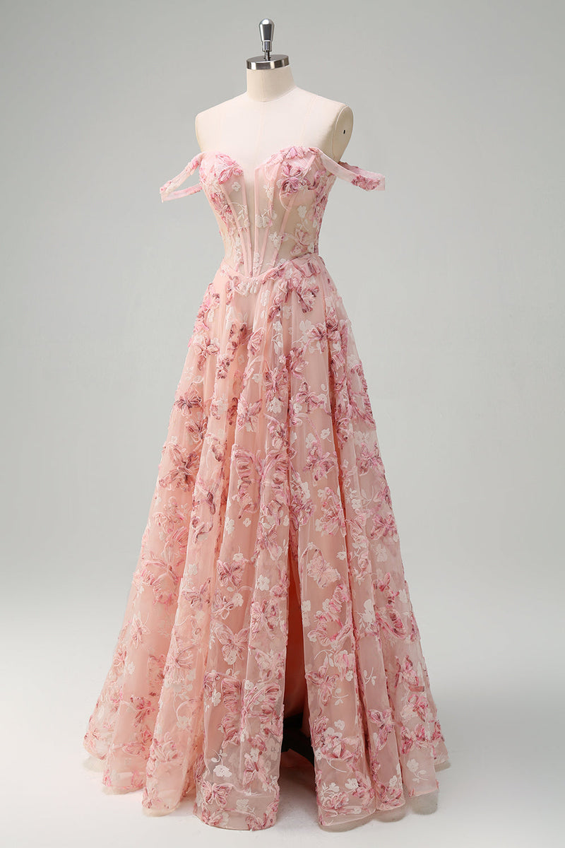 Laden Sie das Bild in den Galerie-Viewer, Rosa A Linien Schulterfrei Korsett Langes Ballkleid mit Schlitz