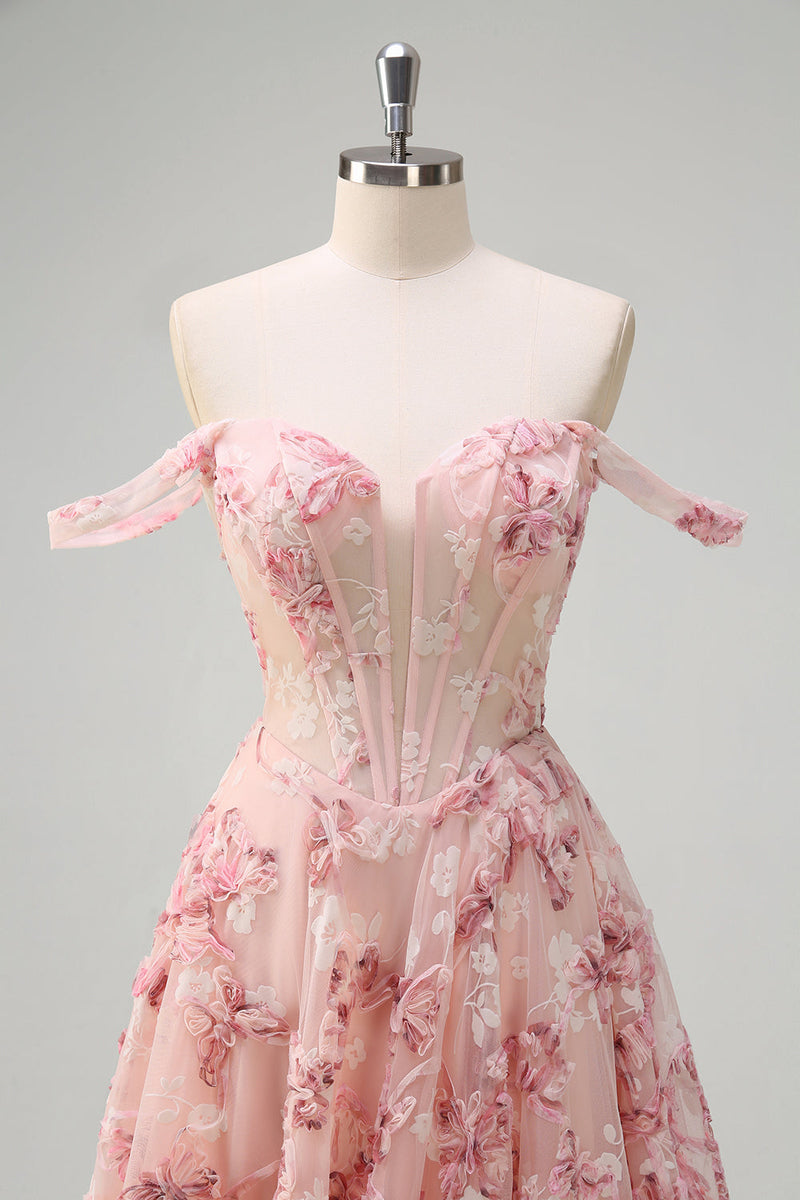 Laden Sie das Bild in den Galerie-Viewer, Rosa A Linien Schulterfrei Korsett Langes Ballkleid mit Schlitz