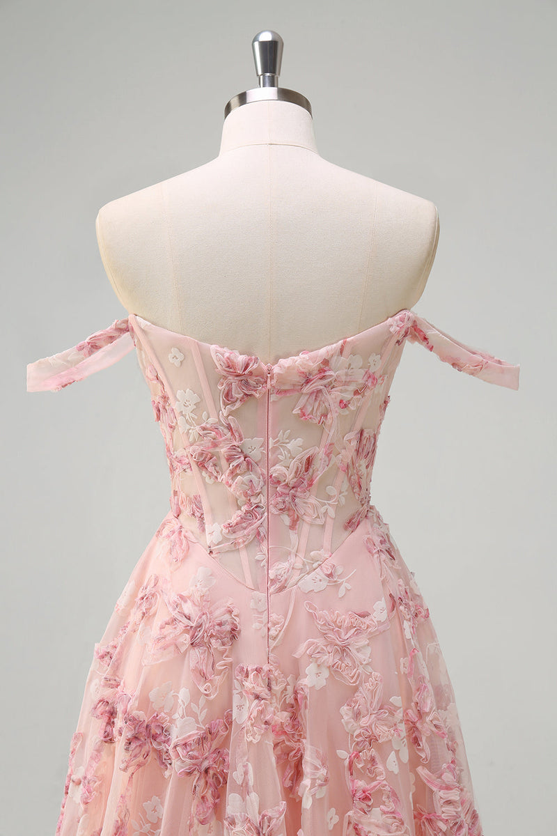 Laden Sie das Bild in den Galerie-Viewer, Rosa A Linien Schulterfrei Korsett Langes Ballkleid mit Schlitz