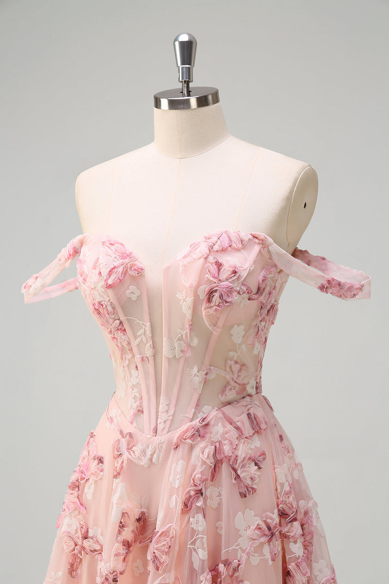 Laden Sie das Bild in den Galerie-Viewer, Rosa A Linien Schulterfrei Korsett Langes Ballkleid mit Schlitz