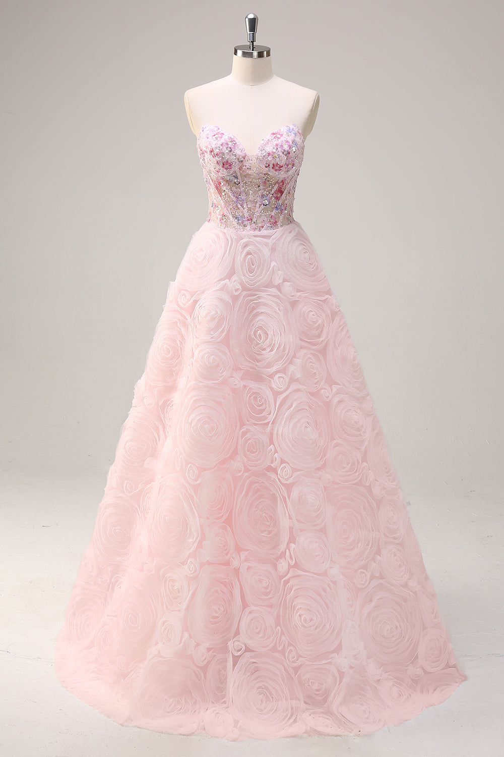 Glitzer Pink Tüll Trägerlos Langes Blumen Abendkleid mit Taschen