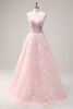 Laden Sie das Bild in den Galerie-Viewer, Glitzer Rosa A Linien Schulterfrei Korsett Langes Ballkleid mit 3D Blumen