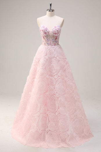 Glitzer Rosa A Linien Schulterfrei Korsett Langes Ballkleid mit 3D Blumen