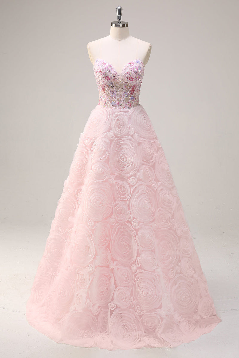 Laden Sie das Bild in den Galerie-Viewer, Glitzer Rosa A Linien Schulterfrei Korsett Langes Ballkleid mit 3D Blumen