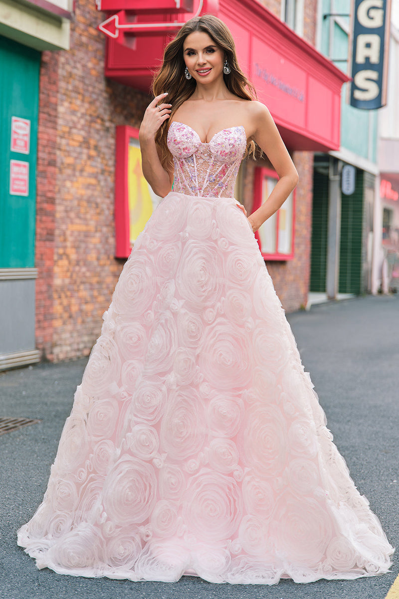 Laden Sie das Bild in den Galerie-Viewer, Glitzer Pink Tüll Trägerlos Langes Blumen Abendkleid mit Taschen
