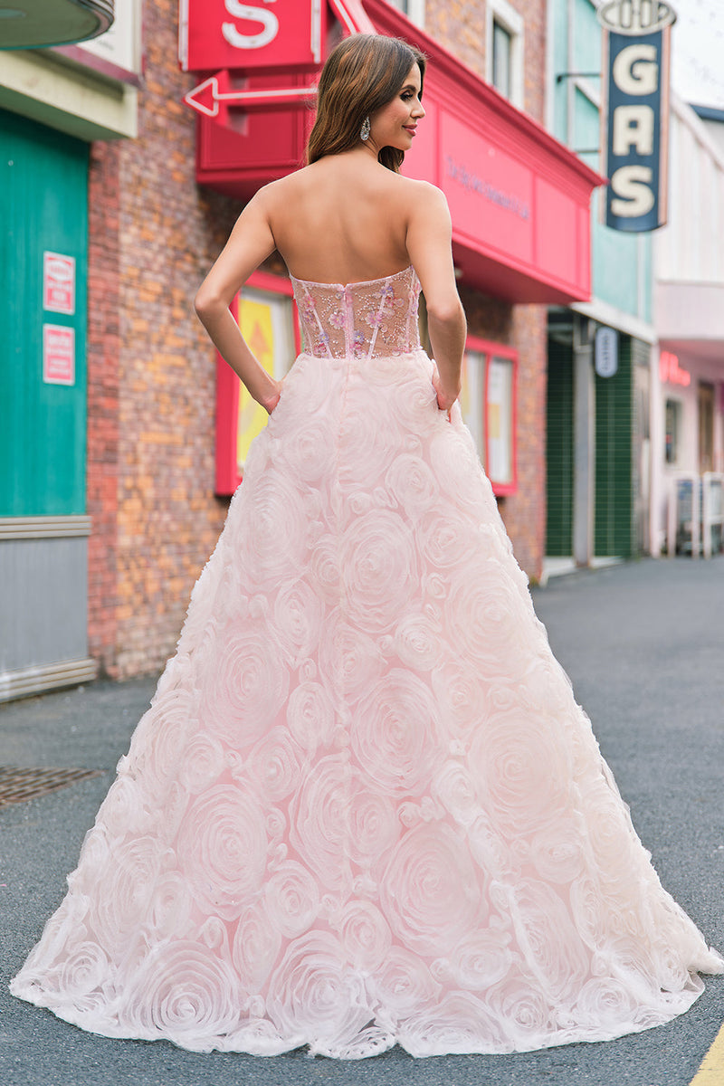 Laden Sie das Bild in den Galerie-Viewer, Glitzer Rosa A Linien Schulterfrei Korsett Langes Ballkleid mit 3D Blumen