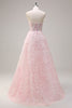 Laden Sie das Bild in den Galerie-Viewer, Glitzer Rosa A Linien Schulterfrei Korsett Langes Ballkleid mit 3D Blumen