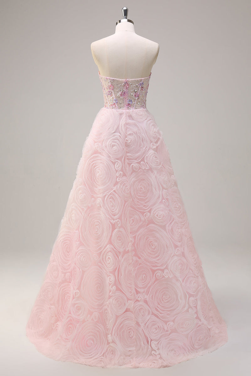 Laden Sie das Bild in den Galerie-Viewer, Glitzer Rosa A Linien Schulterfrei Korsett Langes Ballkleid mit 3D Blumen
