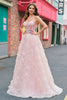Laden Sie das Bild in den Galerie-Viewer, Glitzer Rosa A Linien Schulterfrei Korsett Langes Ballkleid mit 3D Blumen