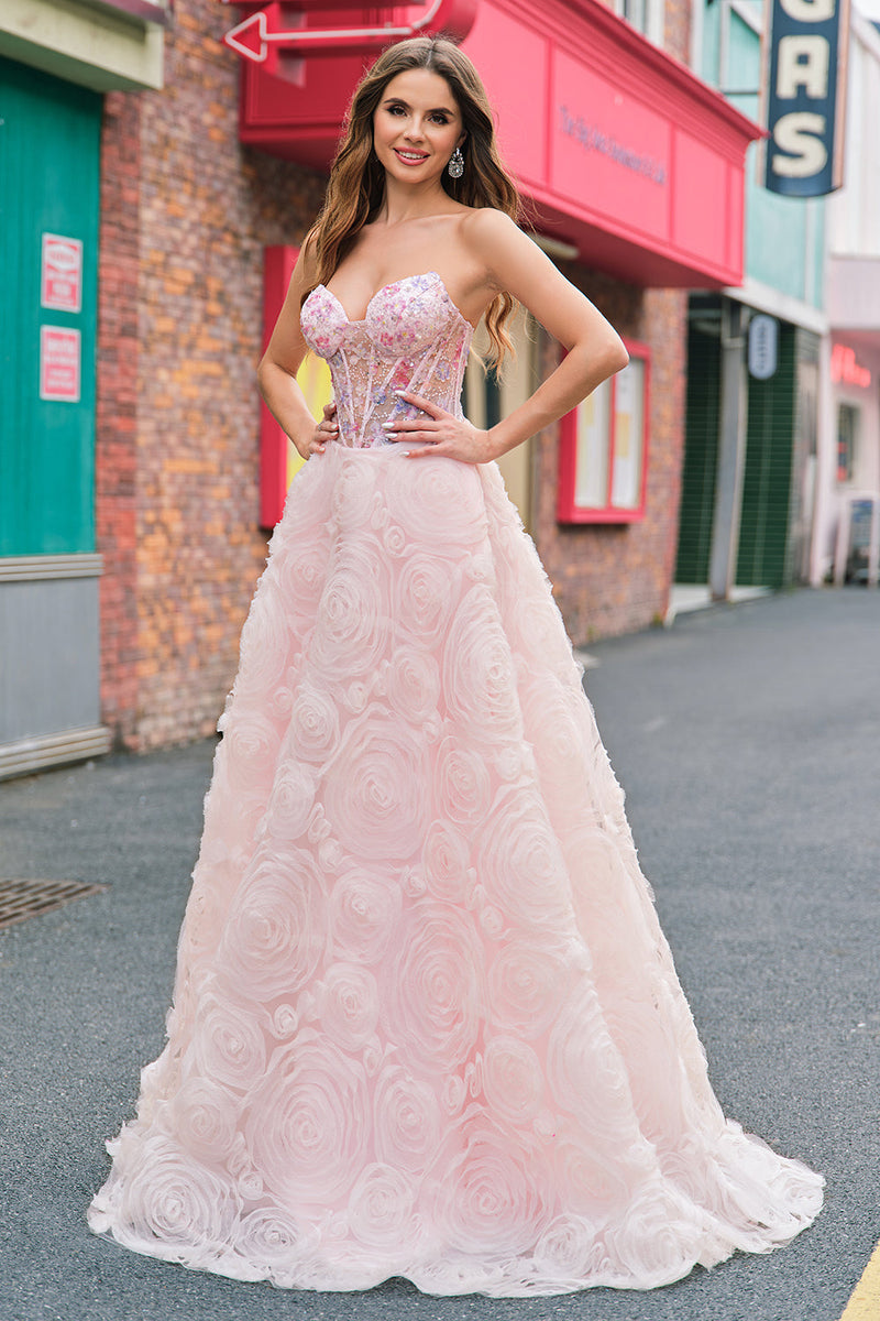 Laden Sie das Bild in den Galerie-Viewer, Glitzer Rosa A Linien Schulterfrei Korsett Langes Ballkleid mit 3D Blumen