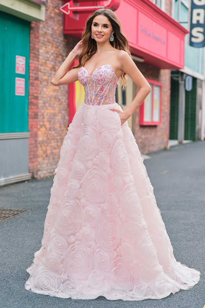 Laden Sie das Bild in den Galerie-Viewer, Glitzer Rosa A Linien Schulterfrei Korsett Langes Ballkleid mit 3D Blumen