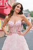 Laden Sie das Bild in den Galerie-Viewer, Glitzer Rosa A Linien Schulterfrei Korsett Langes Ballkleid mit 3D Blumen