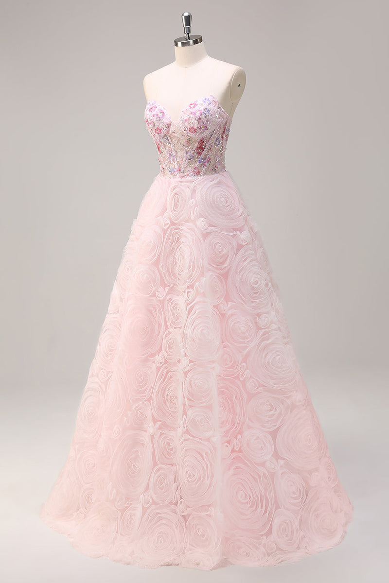 Laden Sie das Bild in den Galerie-Viewer, Glitzer Pink Tüll Trägerlos Langes Blumen Abendkleid mit Taschen