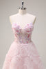Laden Sie das Bild in den Galerie-Viewer, Glitzer Pink Tüll Trägerlos Langes Blumen Abendkleid mit Taschen