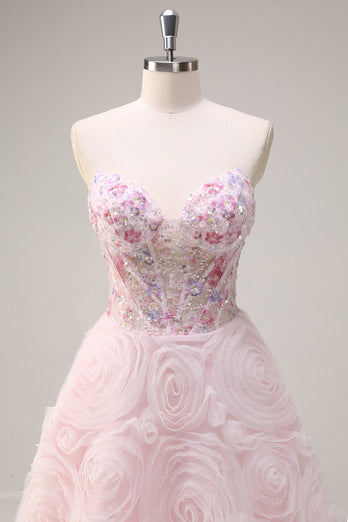 Glitzer Pink Tüll Trägerlos Langes Blumen Abendkleid mit Taschen
