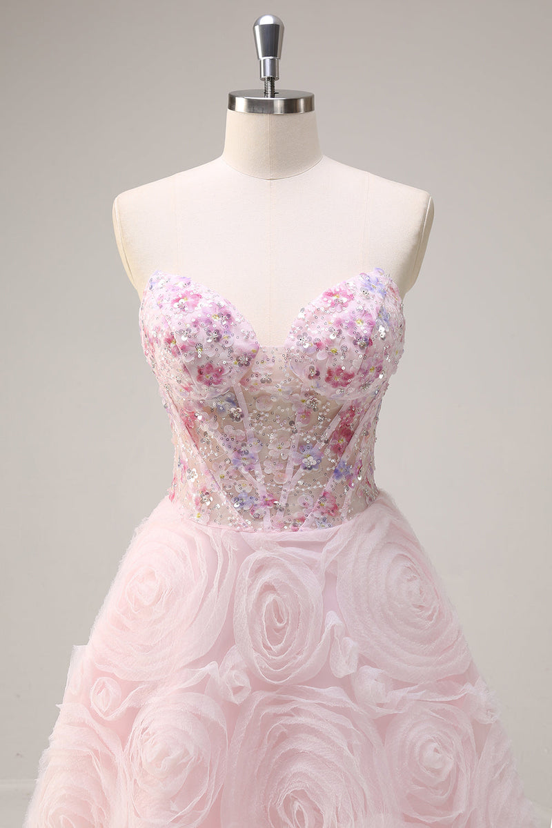 Laden Sie das Bild in den Galerie-Viewer, Glitzer Pink Tüll Trägerlos Langes Blumen Abendkleid mit Taschen