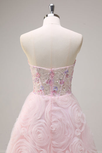 Glitzer Pink Tüll Trägerlos Langes Blumen Abendkleid mit Taschen