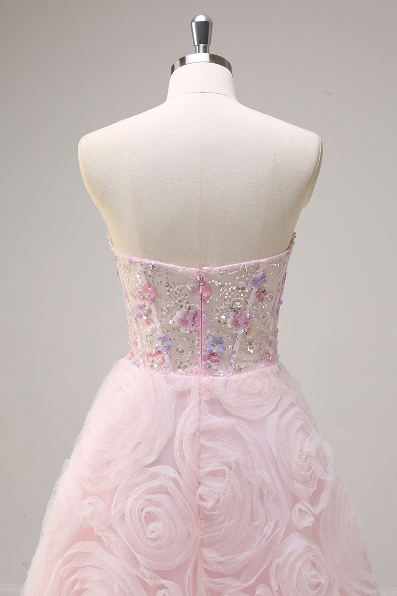 Laden Sie das Bild in den Galerie-Viewer, Glitzer Pink Tüll Trägerlos Langes Blumen Abendkleid mit Taschen
