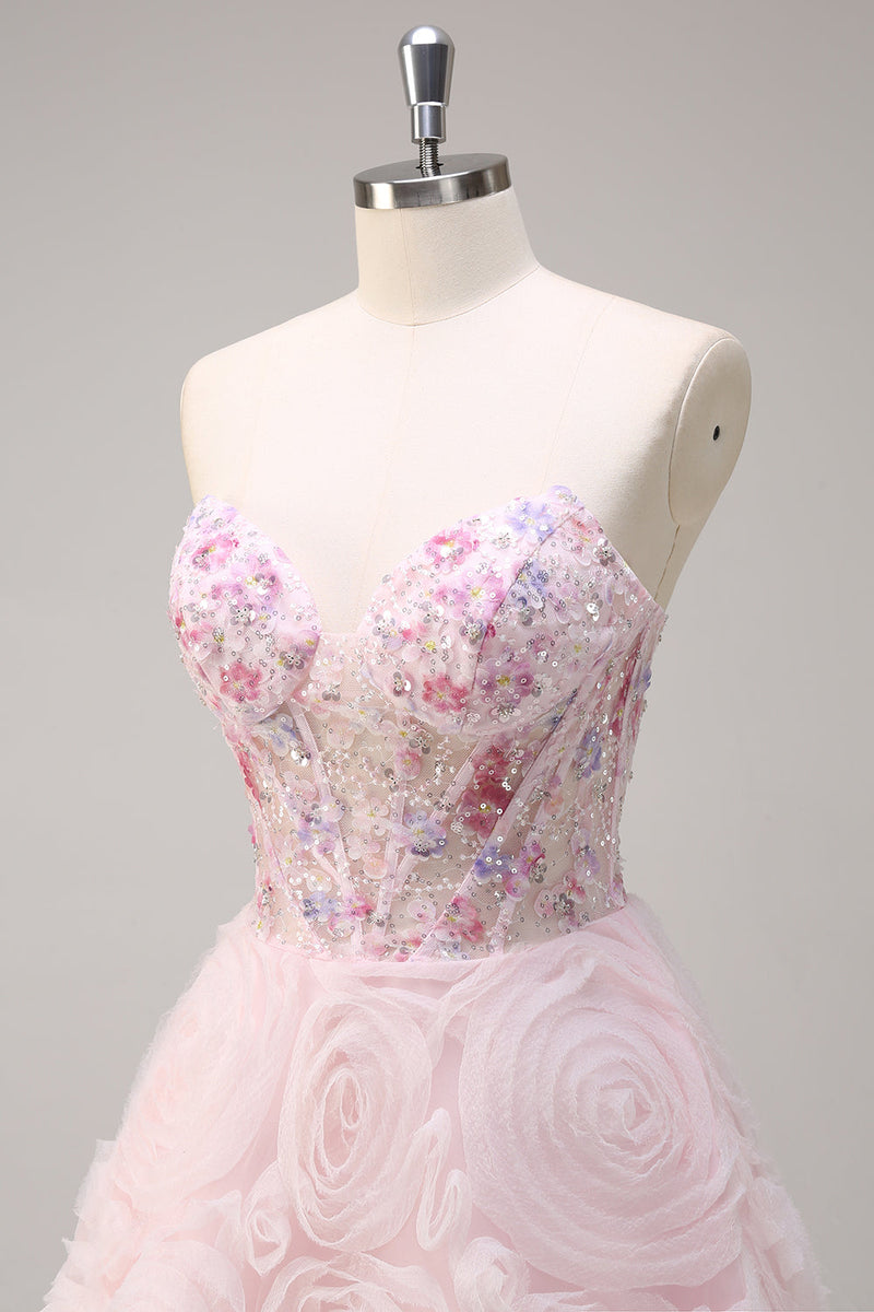 Laden Sie das Bild in den Galerie-Viewer, Glitzer Pink Tüll Trägerlos Langes Blumen Abendkleid mit Taschen