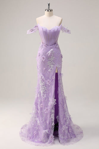 Lila Schulterfreies Meerjungfrau Korsett Langes Ballkleid mit 3D Blumen