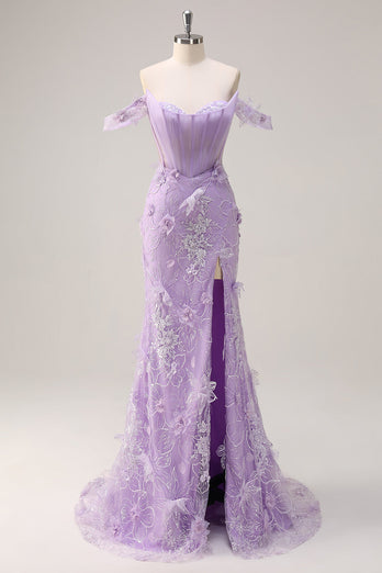 Lila Schulterfreies Meerjungfrau Korsett Langes Ballkleid mit 3D Blumen