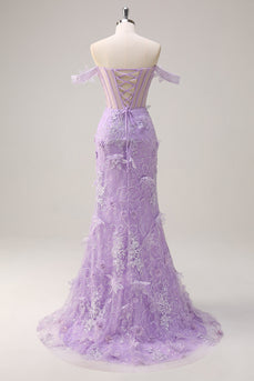 Lila Schulterfreies Meerjungfrau Korsett Langes Ballkleid mit 3D Blumen
