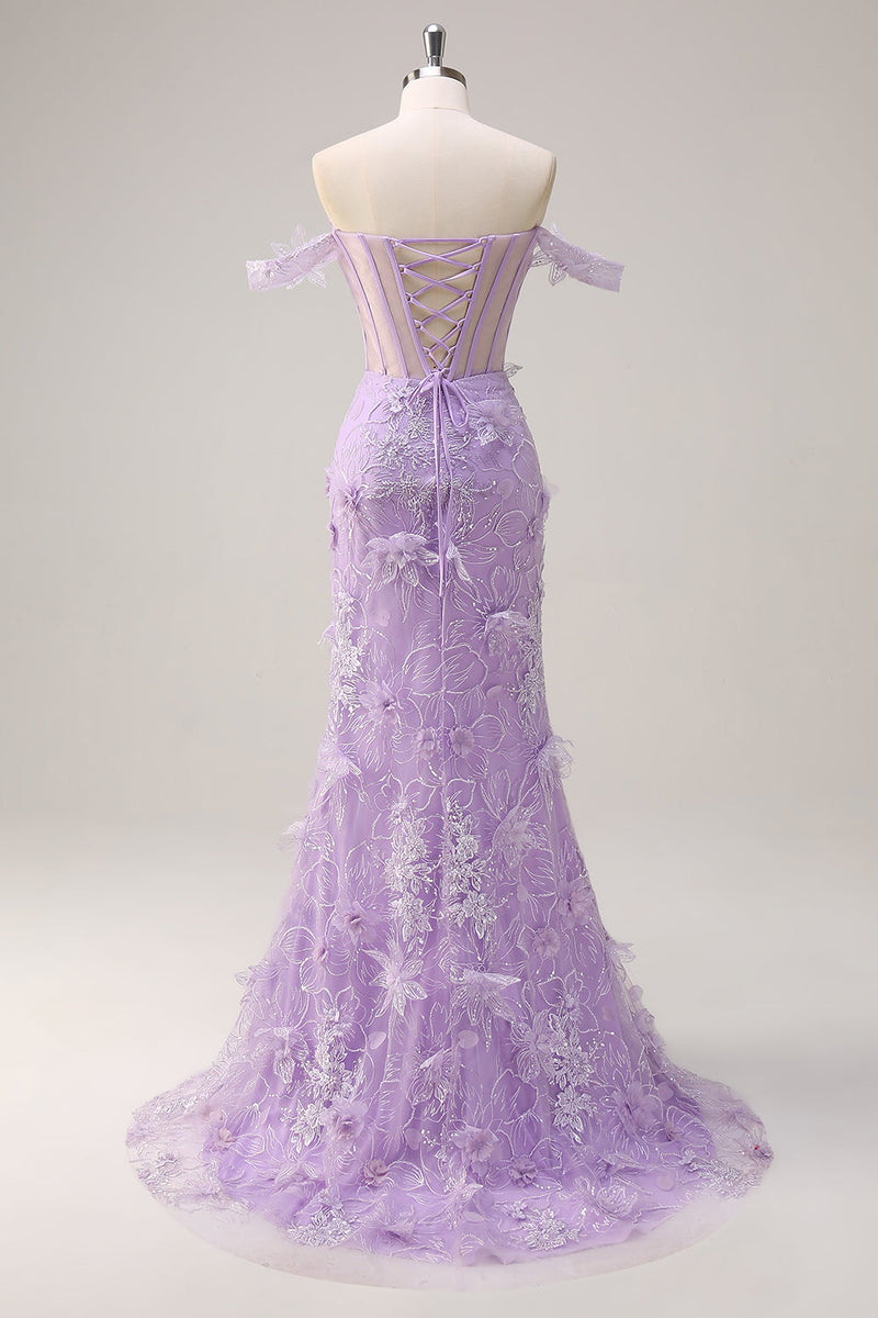 Laden Sie das Bild in den Galerie-Viewer, Lila Schulterfreies Meerjungfrau Korsett Langes Ballkleid mit 3D Blumen