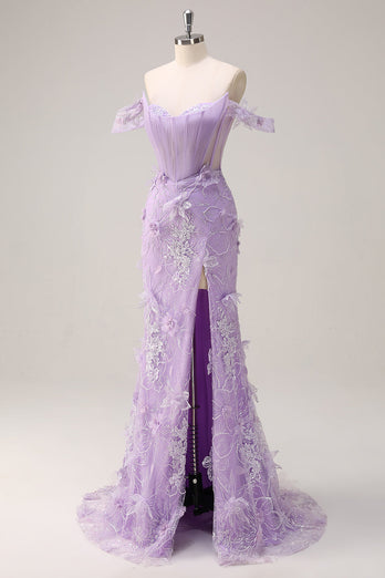 Lila Schulterfreies Meerjungfrau Korsett Langes Ballkleid mit 3D Blumen