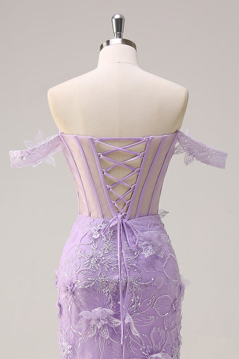 Lila Schulterfreies Meerjungfrau Korsett Langes Ballkleid mit 3D Blumen