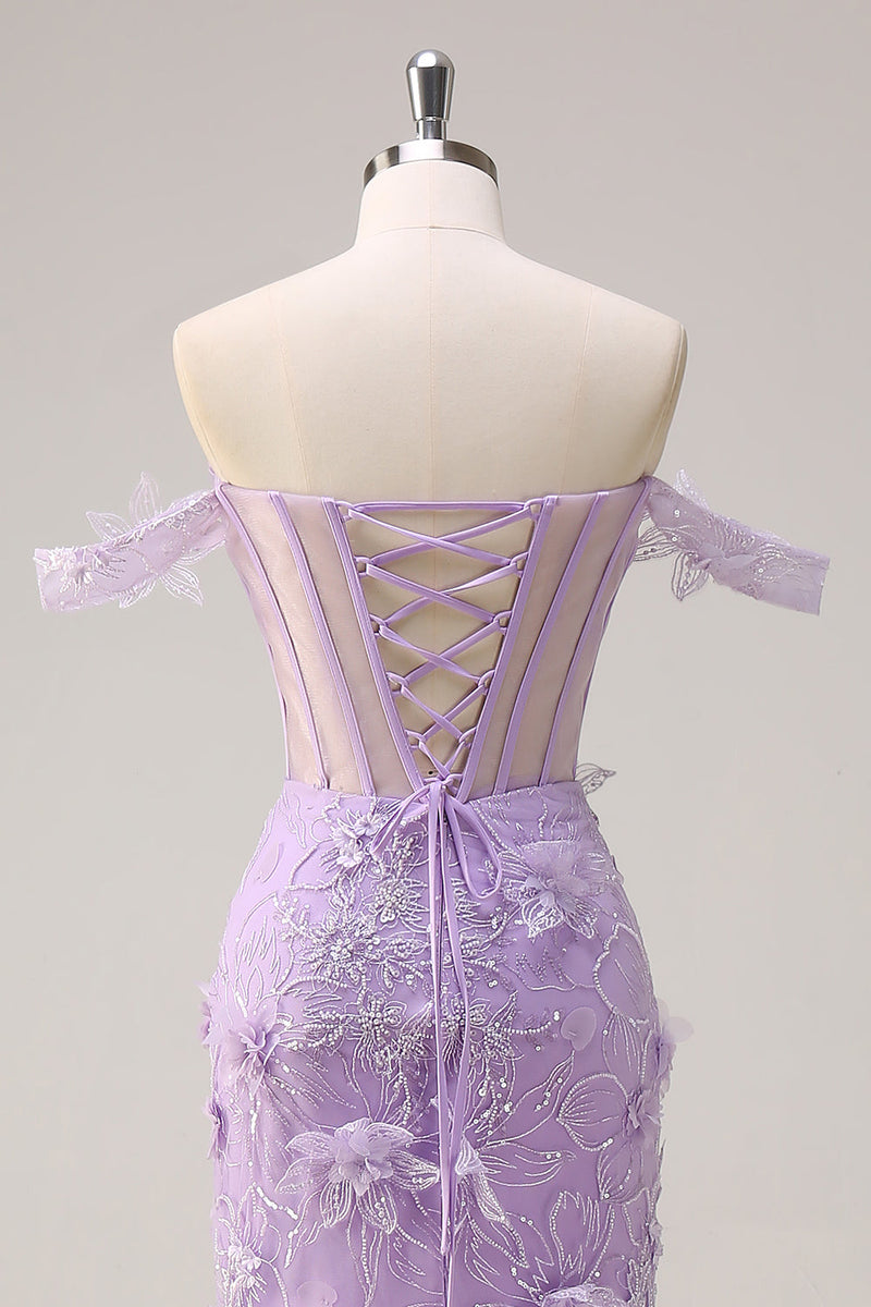 Laden Sie das Bild in den Galerie-Viewer, Lila Schulterfreies Meerjungfrau Korsett Langes Ballkleid mit 3D Blumen