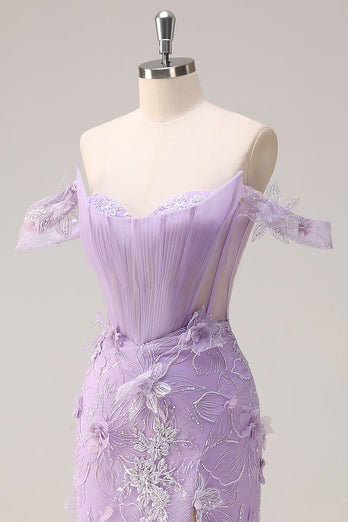 Lila Schulterfreies Meerjungfrau Korsett Langes Ballkleid mit 3D Blumen
