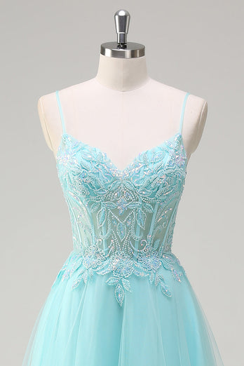 Himmelblau A-Linie Spaghettiträgern Blumen Langes Ballkleid