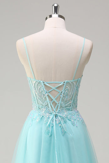 Himmelblau A-Linie Spaghettiträgern Blumen Langes Ballkleid