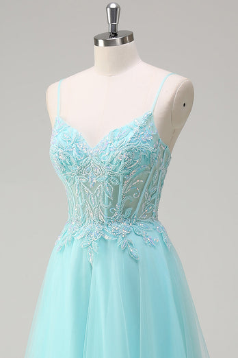 Himmelblau A-Linie Spaghettiträgern Blumen Langes Ballkleid