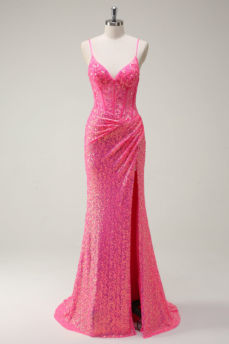 Laden Sie das Bild in den Galerie-Viewer, Glitzer Heißes Rosa Pailletten Korsett Meerjungfrauen Langes Ballkleid mit Schlitz