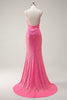Laden Sie das Bild in den Galerie-Viewer, Glitzer Heißes Rosa Pailletten Korsett Meerjungfrauen Langes Ballkleid mit Schlitz