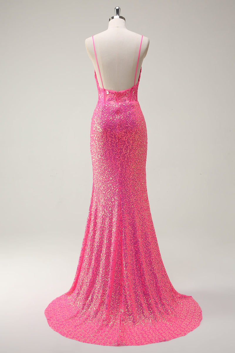 Laden Sie das Bild in den Galerie-Viewer, Glitzer Heißes Rosa Pailletten Korsett Meerjungfrauen Langes Ballkleid mit Schlitz