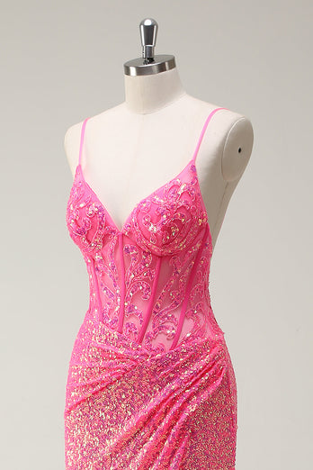 Glitzer Heißes Rosa Pailletten Korsett Meerjungfrauen Langes Ballkleid mit Schlitz