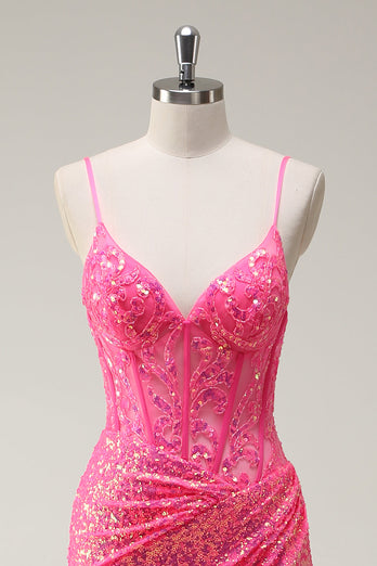 Glitzer Heißes Rosa Pailletten Korsett Meerjungfrauen Langes Ballkleid mit Schlitz