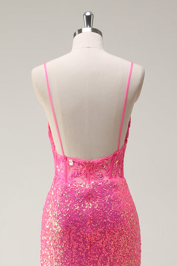 Glitzer Heißes Rosa Pailletten Korsett Meerjungfrauen Langes Ballkleid mit Schlitz
