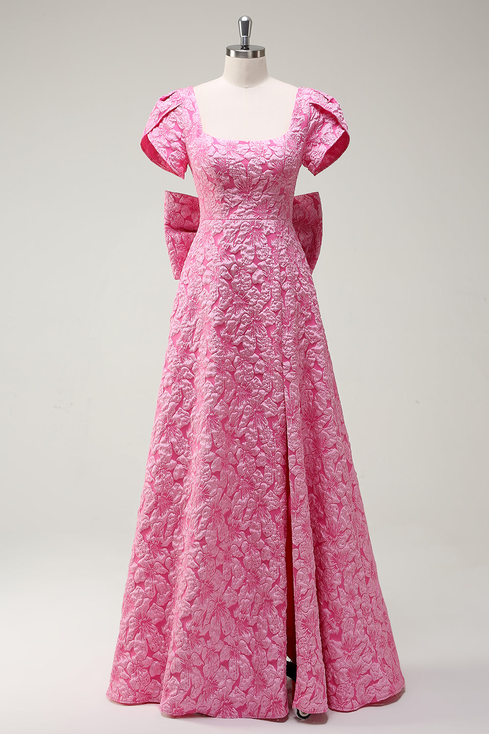 Fuchsia Quadratischem A Linie Schleife Langes Ballkleid mit Schlitz