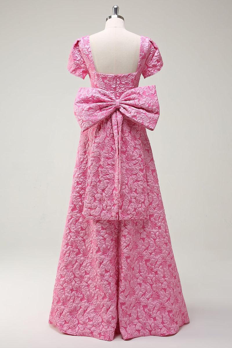Laden Sie das Bild in den Galerie-Viewer, Fuchsia Quadratischem A Linie Schleife Langes Ballkleid mit Schlitz