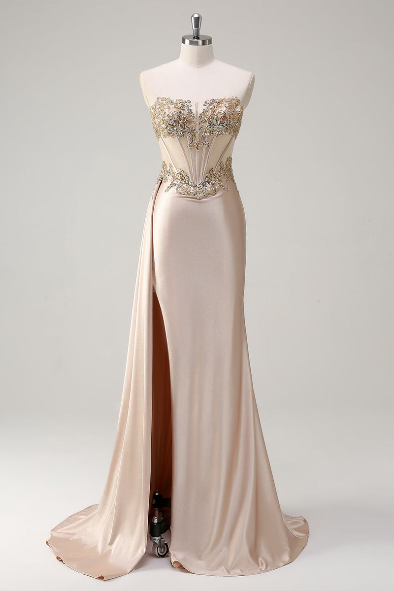 Laden Sie das Bild in den Galerie-Viewer, Glitzer Champagner Trägerloses Meerjungfrauen Satin Langes Ballkleid