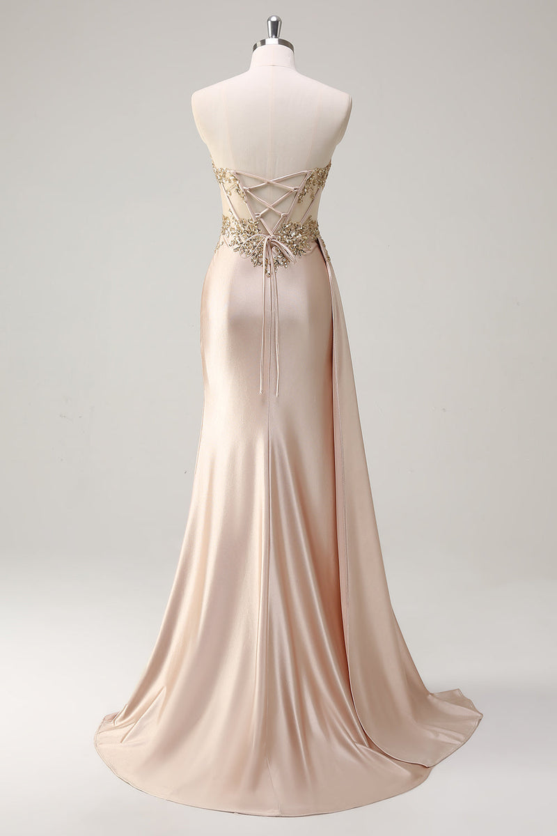 Laden Sie das Bild in den Galerie-Viewer, Glitzer Champagner Trägerloses Meerjungfrauen Satin Langes Ballkleid
