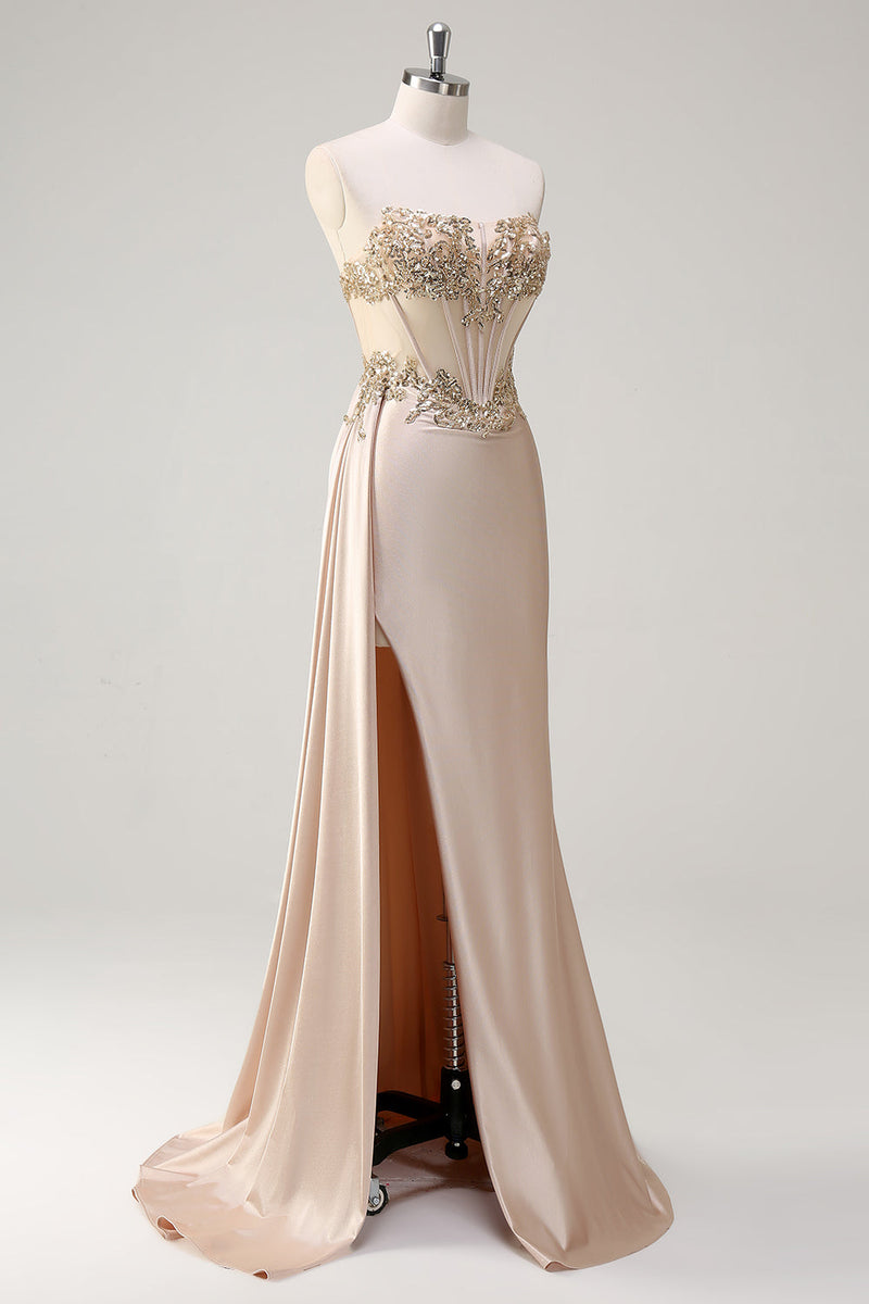 Laden Sie das Bild in den Galerie-Viewer, Glitzer Champagner Trägerloses Meerjungfrauen Satin Langes Ballkleid