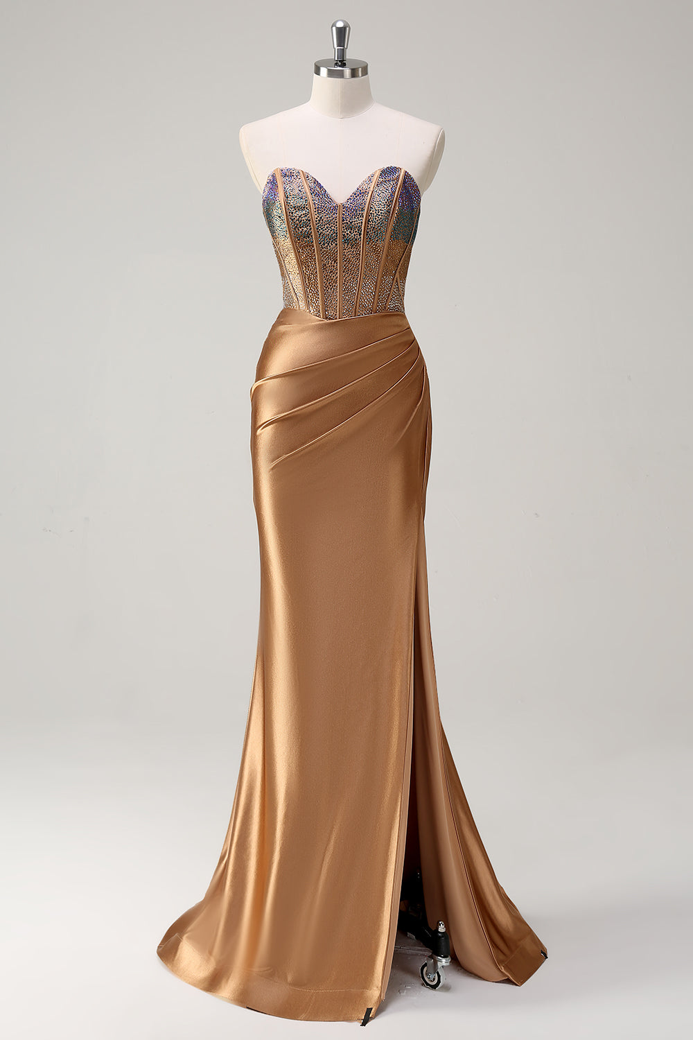 Braun Herzhals Perlen Meerjungfrau Satin Langes Ballkleid mit Schlitz