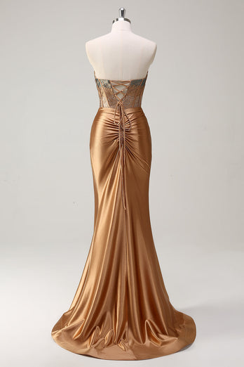 Braun Herzhals Perlen Meerjungfrau Satin Langes Ballkleid mit Schlitz