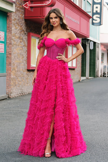 Glitzer Fuchsia A Linien Schulterfrei Langes Korsett Langes Ballkleid mit Schlitz