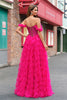 Laden Sie das Bild in den Galerie-Viewer, Glitzer Fuchsia A Linien Schulterfrei Langes Korsett Langes Ballkleid mit Schlitz