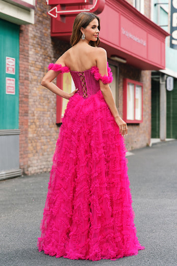 Glitzer Fuchsia A Linien Schulterfrei Langes Korsett Langes Ballkleid mit Schlitz